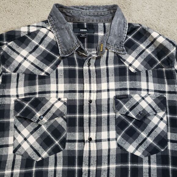 Diesel Shirt Men L Black White Plaid Pearl Snap Slub Distressed Western Cowboy - Picture 3 of 12